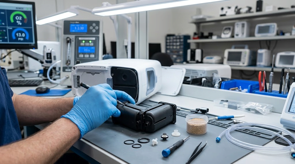 Technik w rękawiczkach serwisuje kolumny sit molekularnych do koncentratora tlenu Inogen na profesjonalnym stanowisku diagnostycznym.